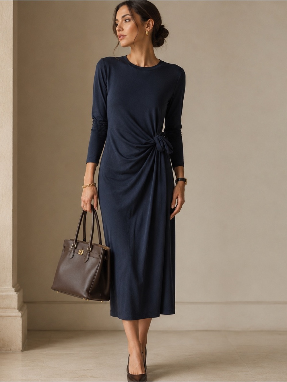 Michael Stars Navy Ribbed Cotton Yesenia Faux Wrap Midi Dress